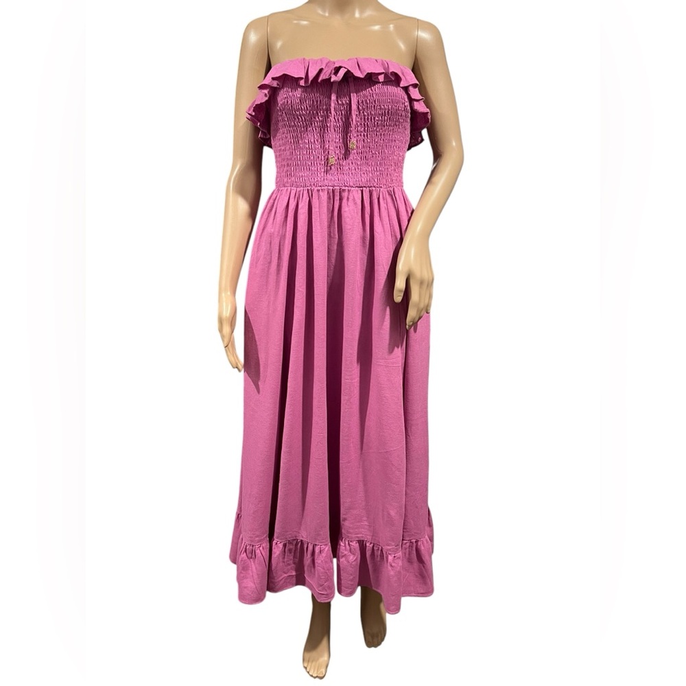 NWOT FREE PEOPLE Dress Womens Lush Life Linen Strapless Midi Opera Mauve Size S - Picture 2 of 16